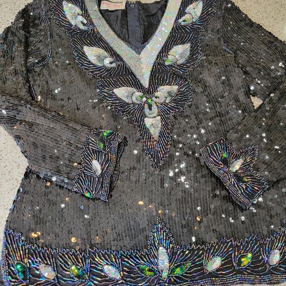 VTG Hina Trading Co. Silk Sequin Beaded Irredescent Long Sleeve Formal Blouse✨️M - Picture 12 of 16